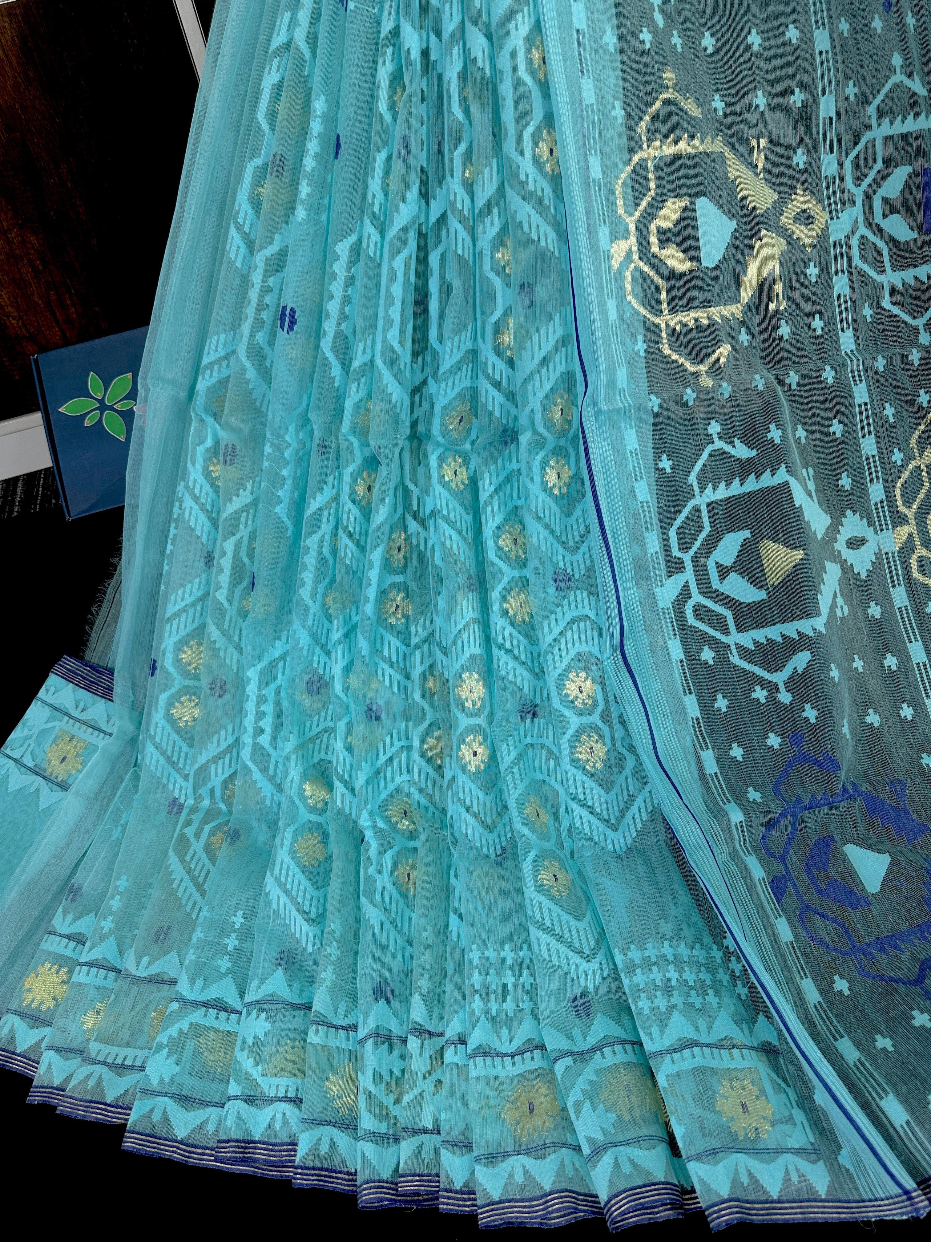 Cyan blue exclusive halfsilk jamdani saree with golden jori work and self threads work.