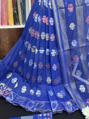 Royal Blue Original Handloom Dhakai Jamdani Saree With Golden Silver & Copeer Jori Work