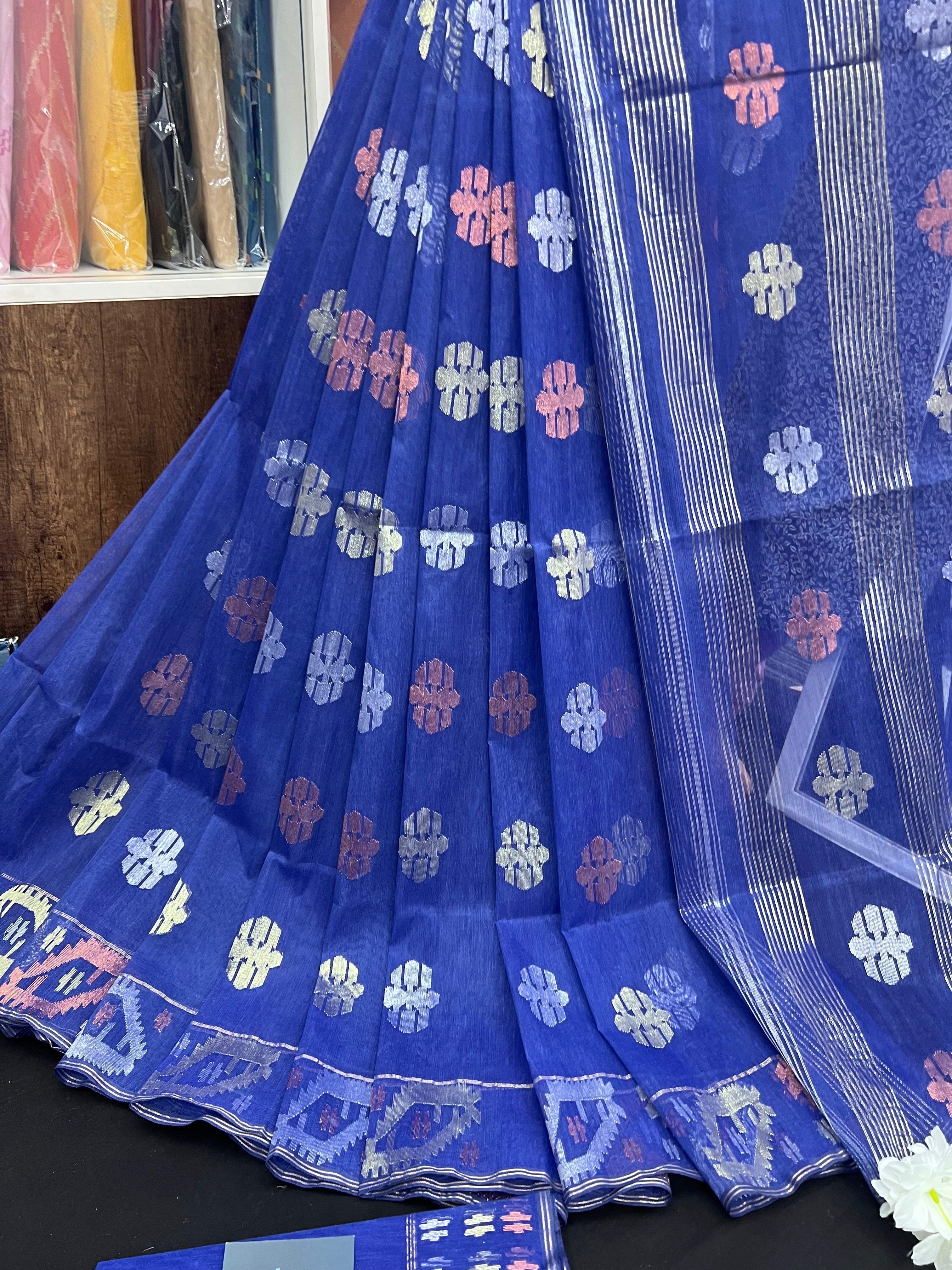 Royal Blue Original Handloom Dhakai Jamdani Saree With Golden Silver & Copeer Jori Work