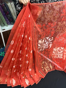 Brick colour halfsilk jamdani saree with self threads work and off white threads work