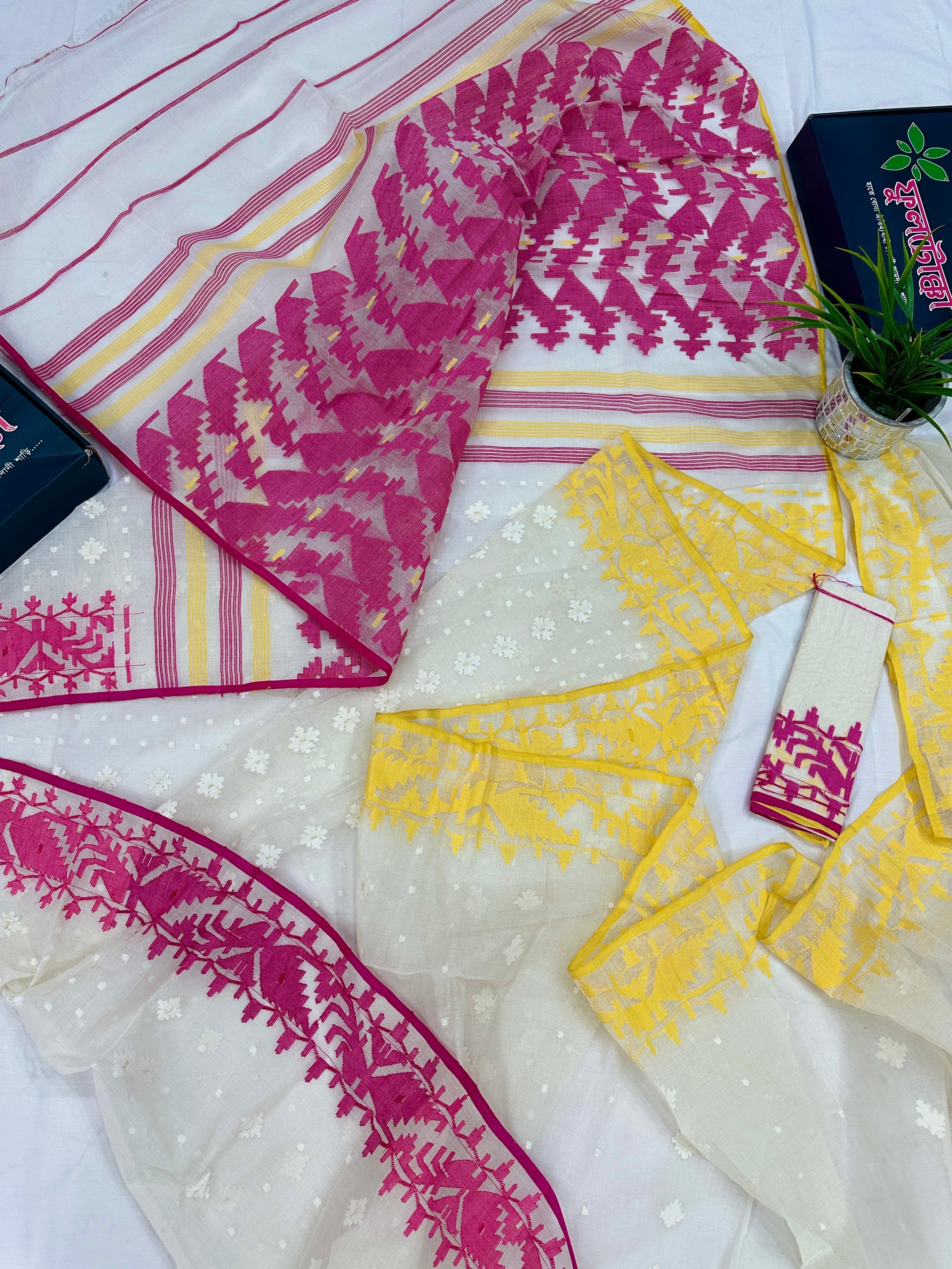 White cotton gonga jamuna design jamdani saree with pink & yellow threads work.