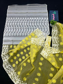 Yellow Colour Original Handloom Halfsilk Dhakai Jamdani With White Threads Work