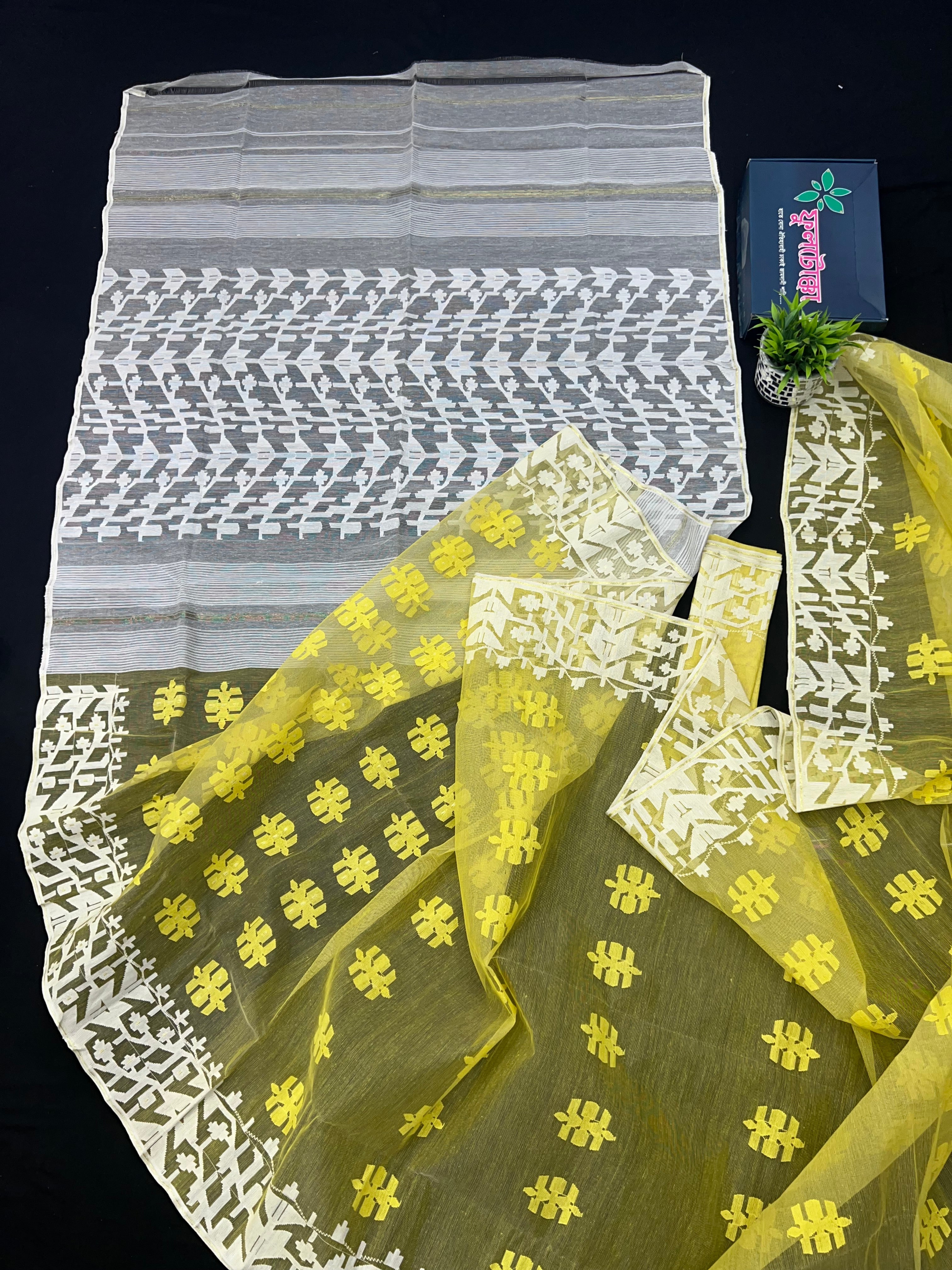 Yellow Colour Original Handloom Halfsilk Dhakai Jamdani With White Threads Work