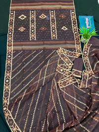 Brown colour jamdani saree with brown & off white threads work.
