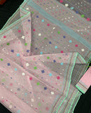 Baby pink jamdani saree with blue pink green threats work and blouse piece.