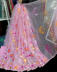 Baby pink halfsilk jamdani saree with white orange pink threads work