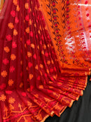 Maroon red jamdani saree with orange and red threads work