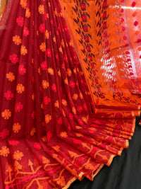 Maroon red jamdani saree with orange and red threads work