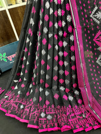 Black cotton jamdani saree with magenta threads work and silver jori work