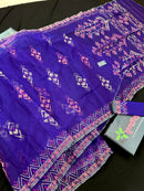 Purple exclusive jamdani saree with golden silver and copper jori work.