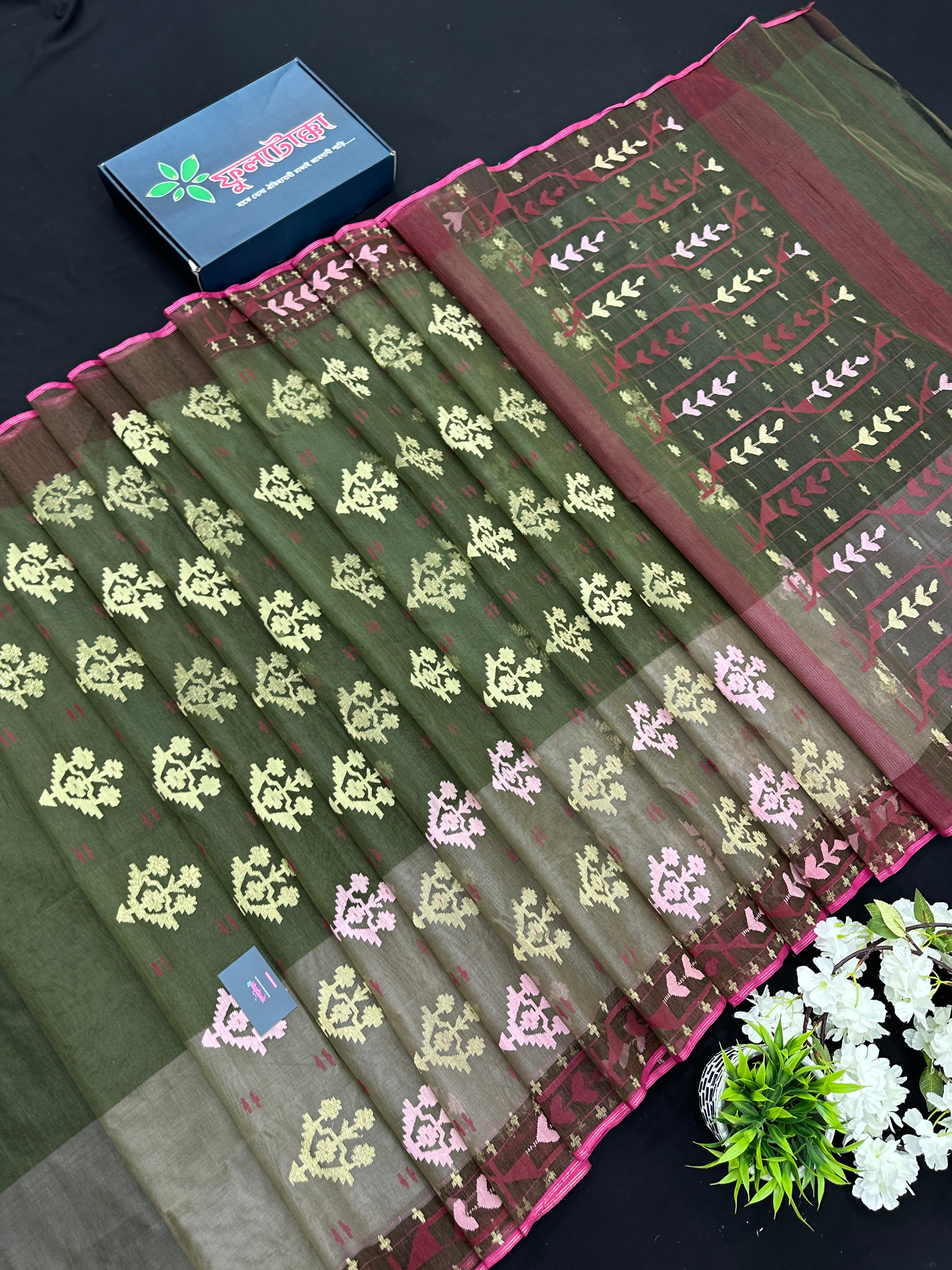 Dual Shaded Original Handloom Halfsilk Dhakai Jamdani Saree With Pink Olive Threads Work