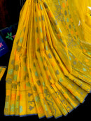 Yellow cotton jamdani saree with orange grey green blue colour threads work.