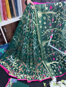 Green Colour Original Handloom Halfsilk Dhakai Jamdani With Golden Silver & Copper Jori Work