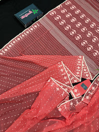 Sweet pink cotton jamdani saree with white threads work and blouse piece.
