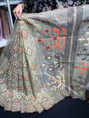 Dark olive halfsilk jamdani saree with orange off white coffe threads work