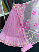 Lux Pink Original Handloom Hslfsilk Dhakai Jamdani Saree With Golden Jori Work and Magenta Threads Work