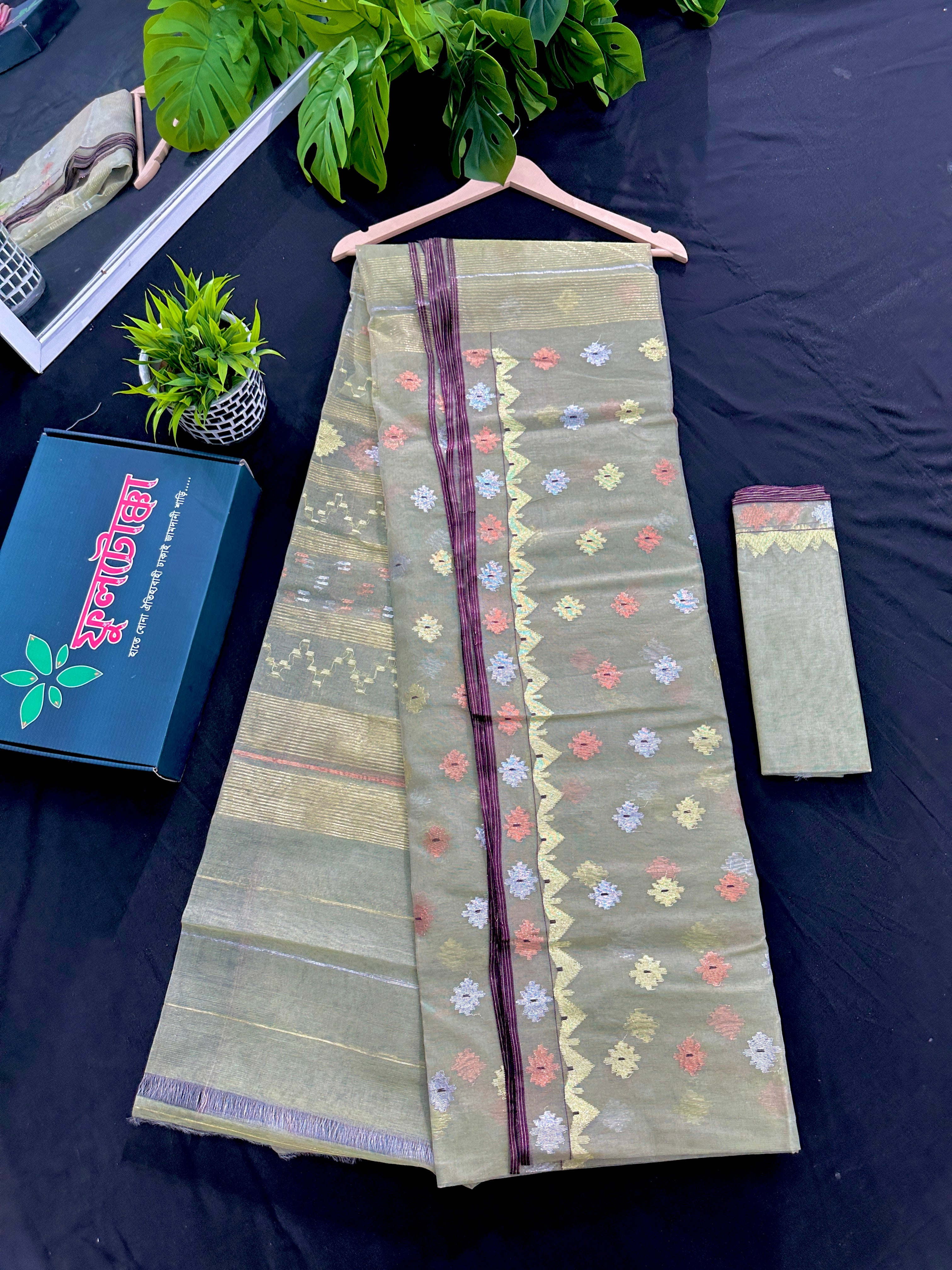 Olive halfsilk jamdani saree with golden silver & copper jori work