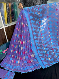 Orchid purple halfsilk jamdani saree with white pink blue threads work