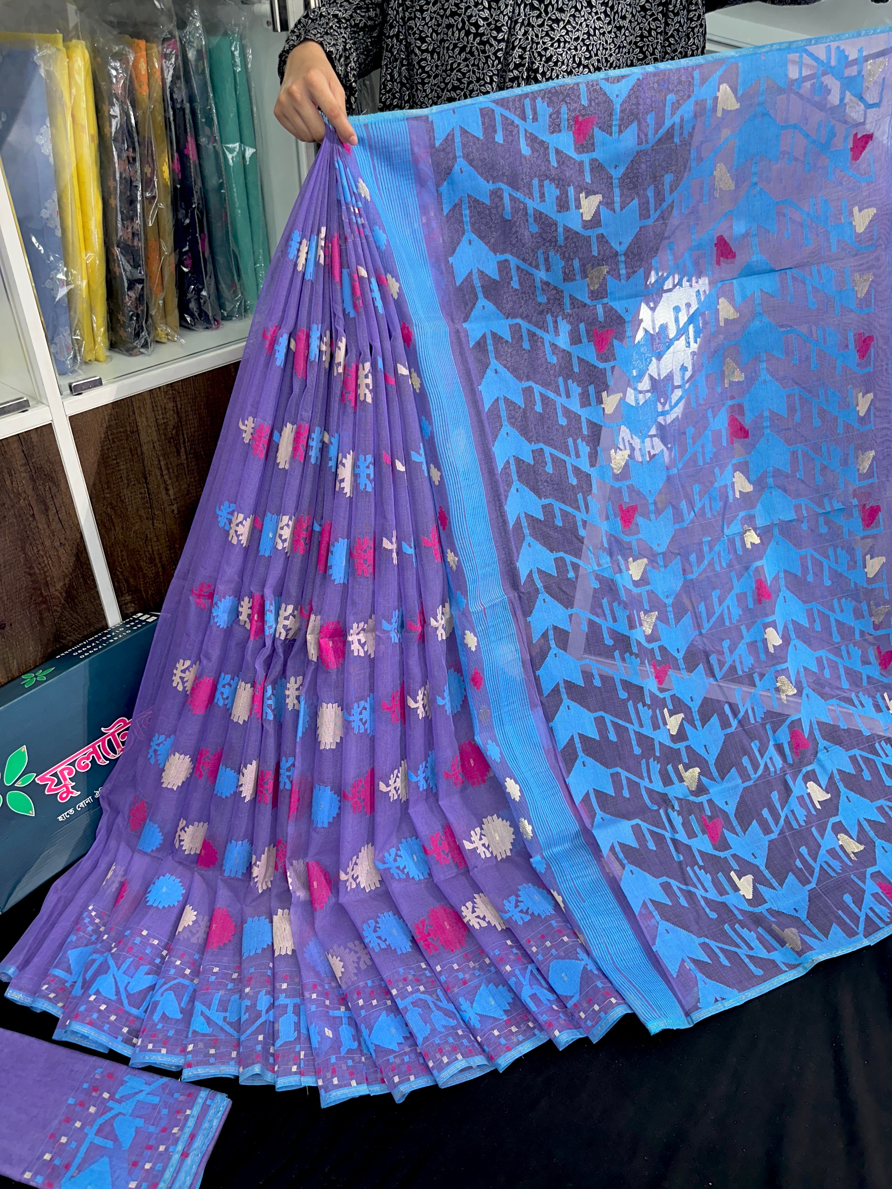 Orchid purple halfsilk jamdani saree with white pink blue threads work