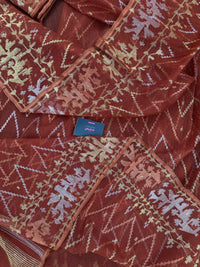 Brown reshom halfsilk jamdani saree with golden silver & copper jori work.