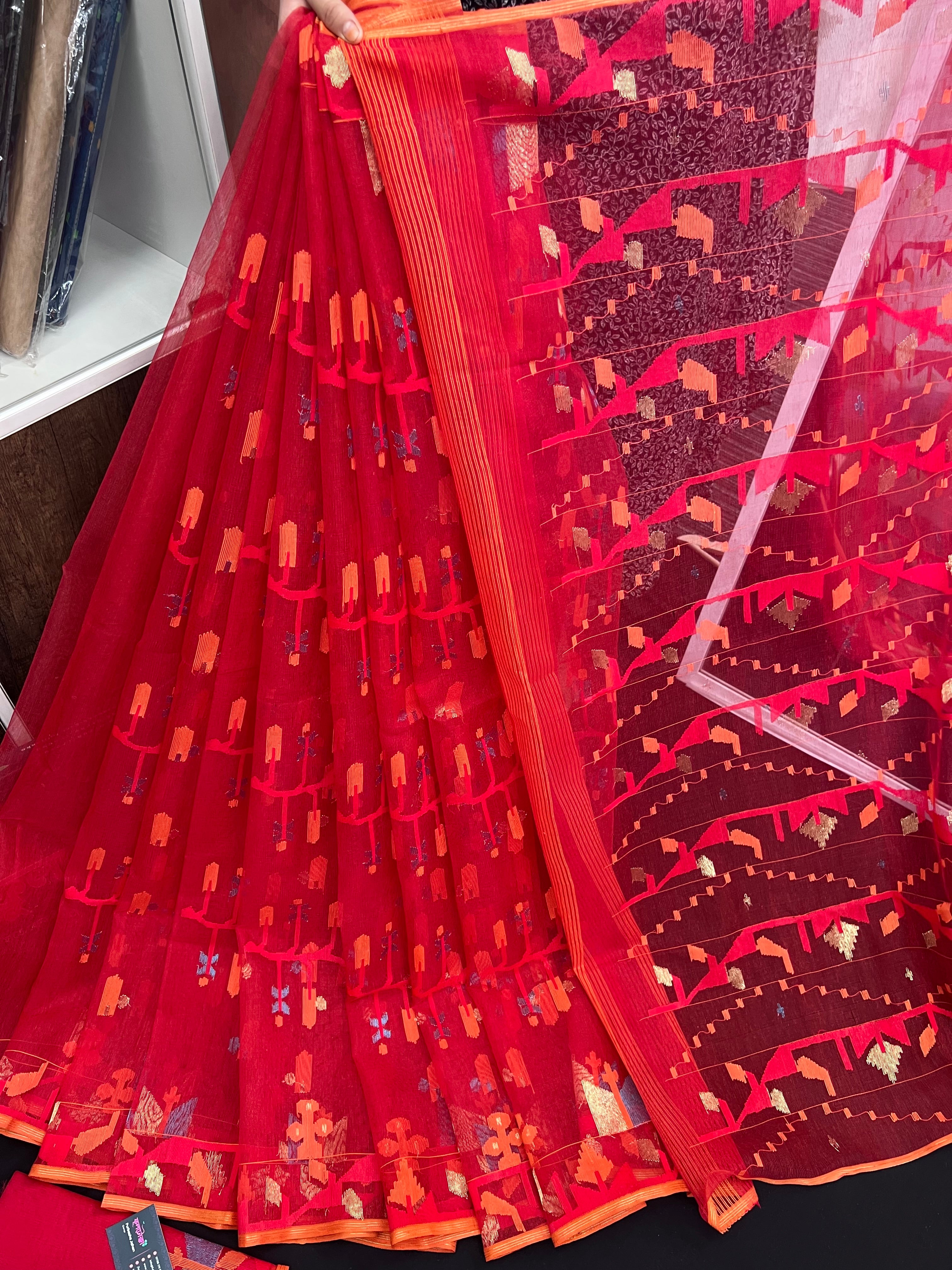 Cherry Red Original Handloom Halfsilk Dhakai Jamdani Saree