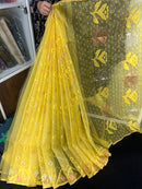 Yellow halfsilk jamdani saree with golden silver & copper jori work and self threads work