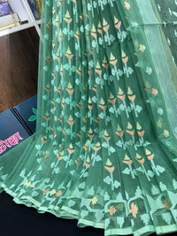 Jade green halfsilk jamdani saree with green off white golden self threads work