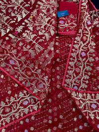 Reddish Maroon Bridal Exclusive dhakai jamdani saree with all over golden jori work soft count.