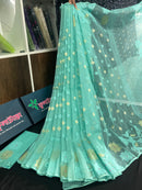Sky blue halfsilk jamdani saree with golden jori work and self threads work