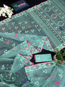 Bright Teal Blue dhakai Jamdani saree with pink border all over work soft count.