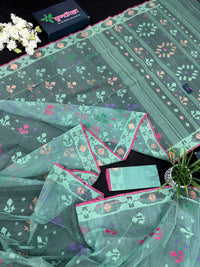 Bright Teal Blue dhakai Jamdani saree with pink border all over work soft count.