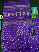 Purple halfsilk jamdani saree golden silver & copper jori work all over soft count.