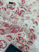 White cotton jamdani saree with multiple colour threads work and blouse piece.