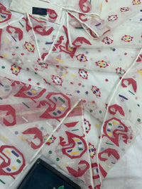White cotton jamdani saree with multiple colour threads work and blouse piece.