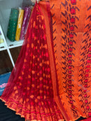 Maroon red jamdani saree with orange and red threads work