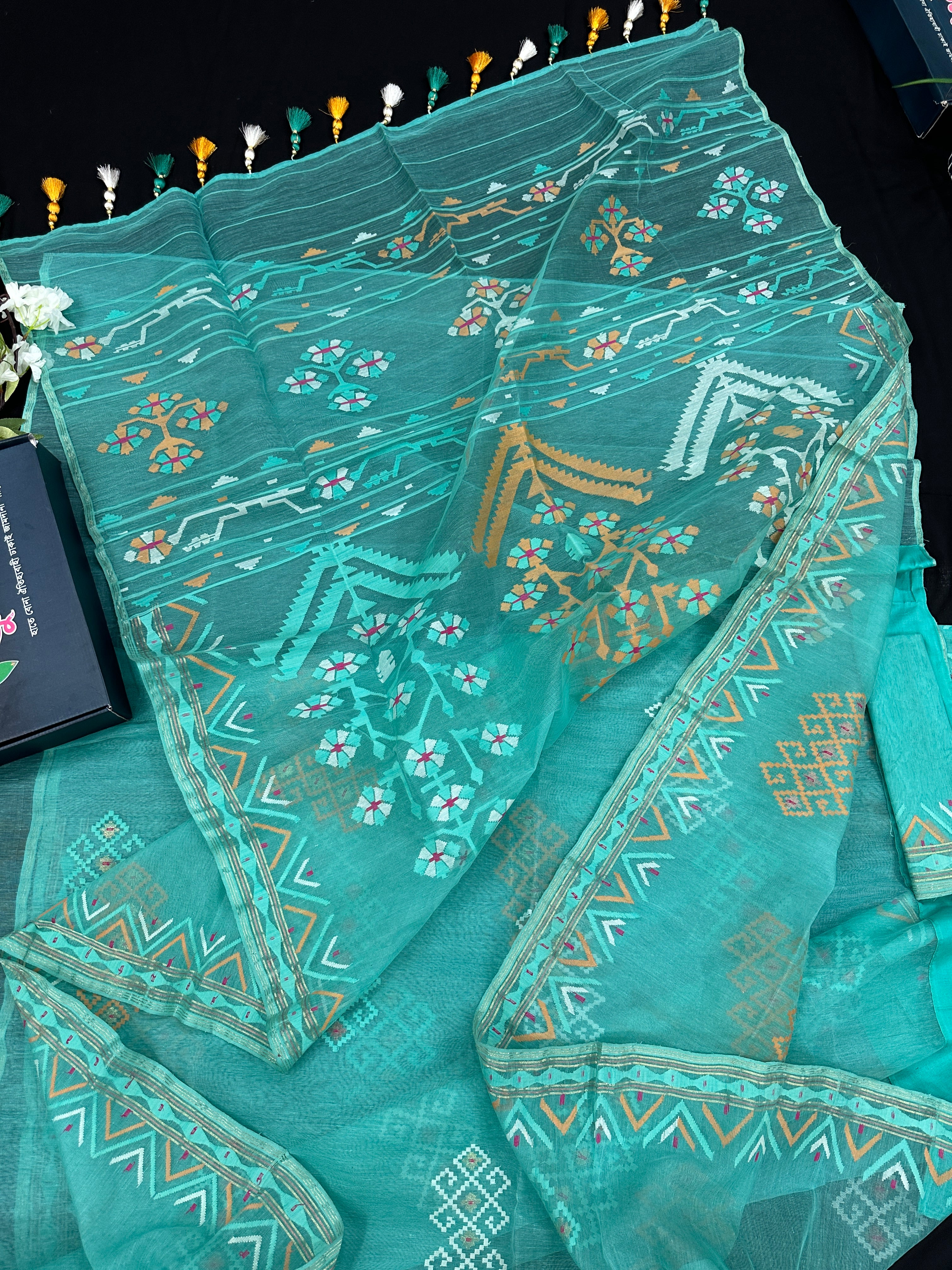 Ice blue exclusive halfsilk jamdani saree all over threads work