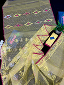 Pastel yellow dhakai jamdani saree with yellow threads silver & copper jori work all over work soft count.