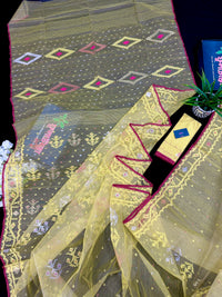 Pastel yellow dhakai jamdani saree with yellow threads silver & copper jori work all over work soft count.