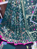 Green Colour Original Handloom Halfsilk Dhakai Jamdani With Golden Silver & Copper Jori Work