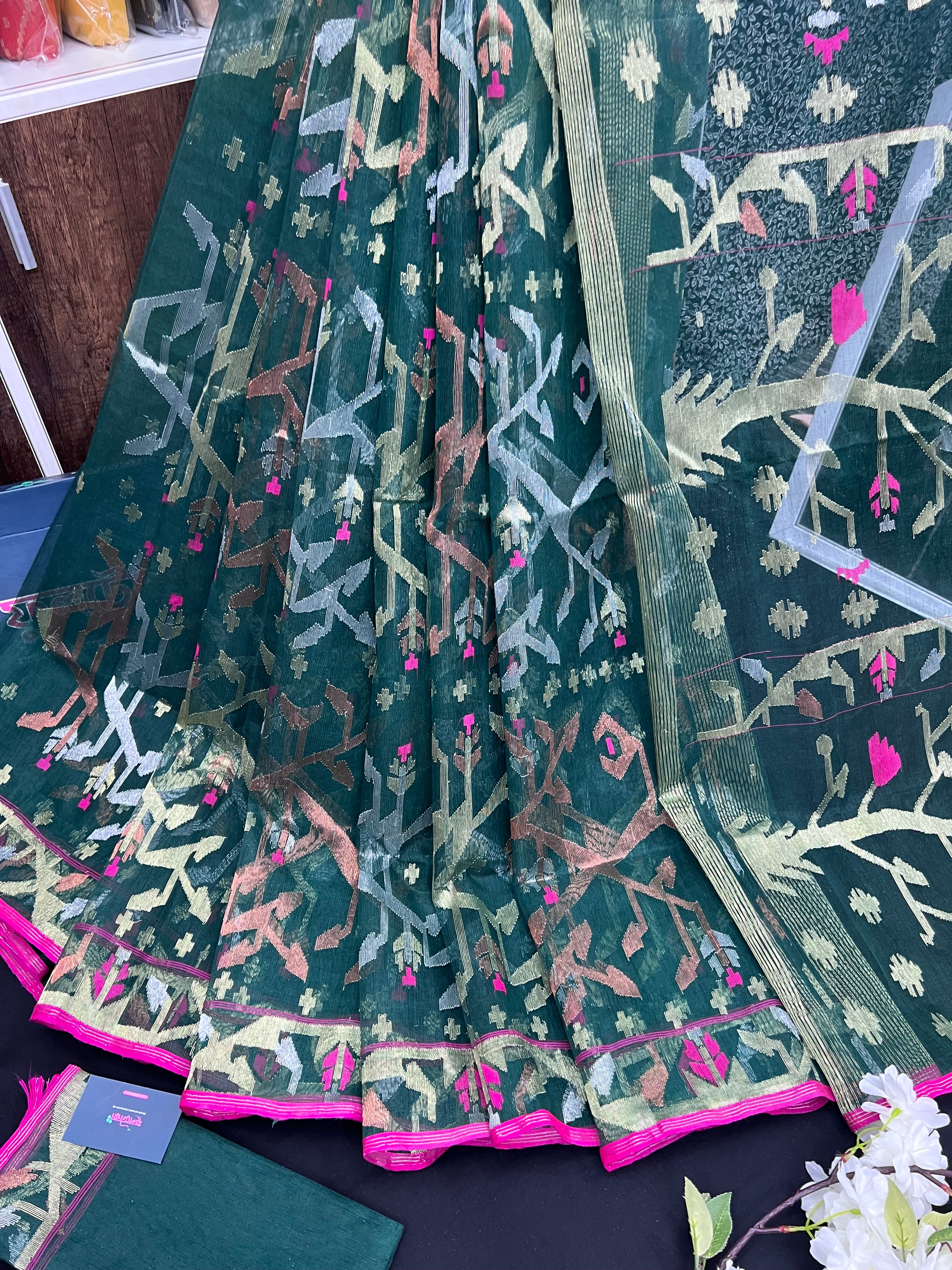 Green Colour Original Handloom Halfsilk Dhakai Jamdani With Golden Silver & Copper Jori Work