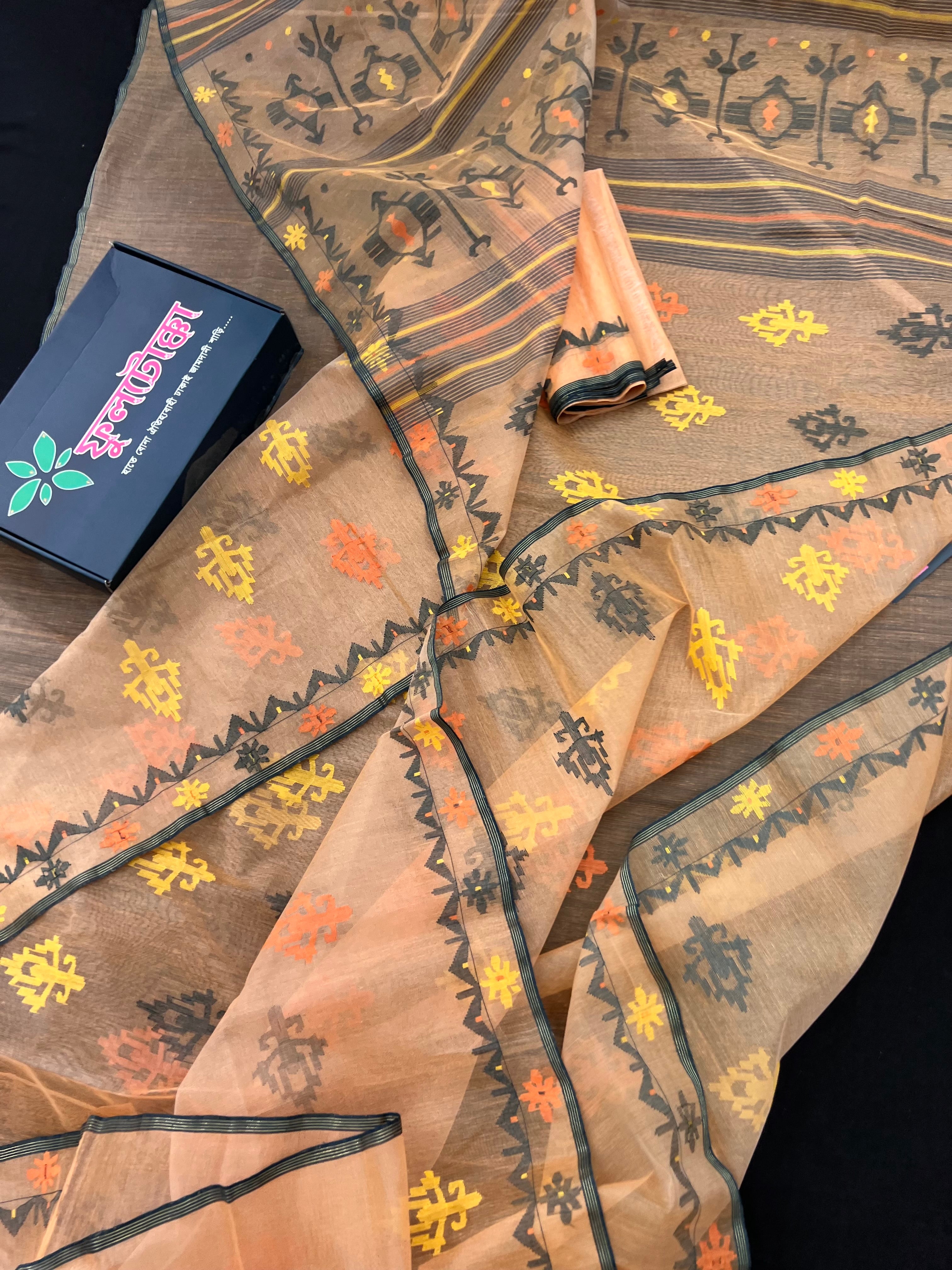 Lite Orange Original Handloom Halfsilk Dhakai Jamdani Saree With Multiple Threads Work
