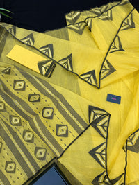 Yellow cotton jamdani sari with simple paar.