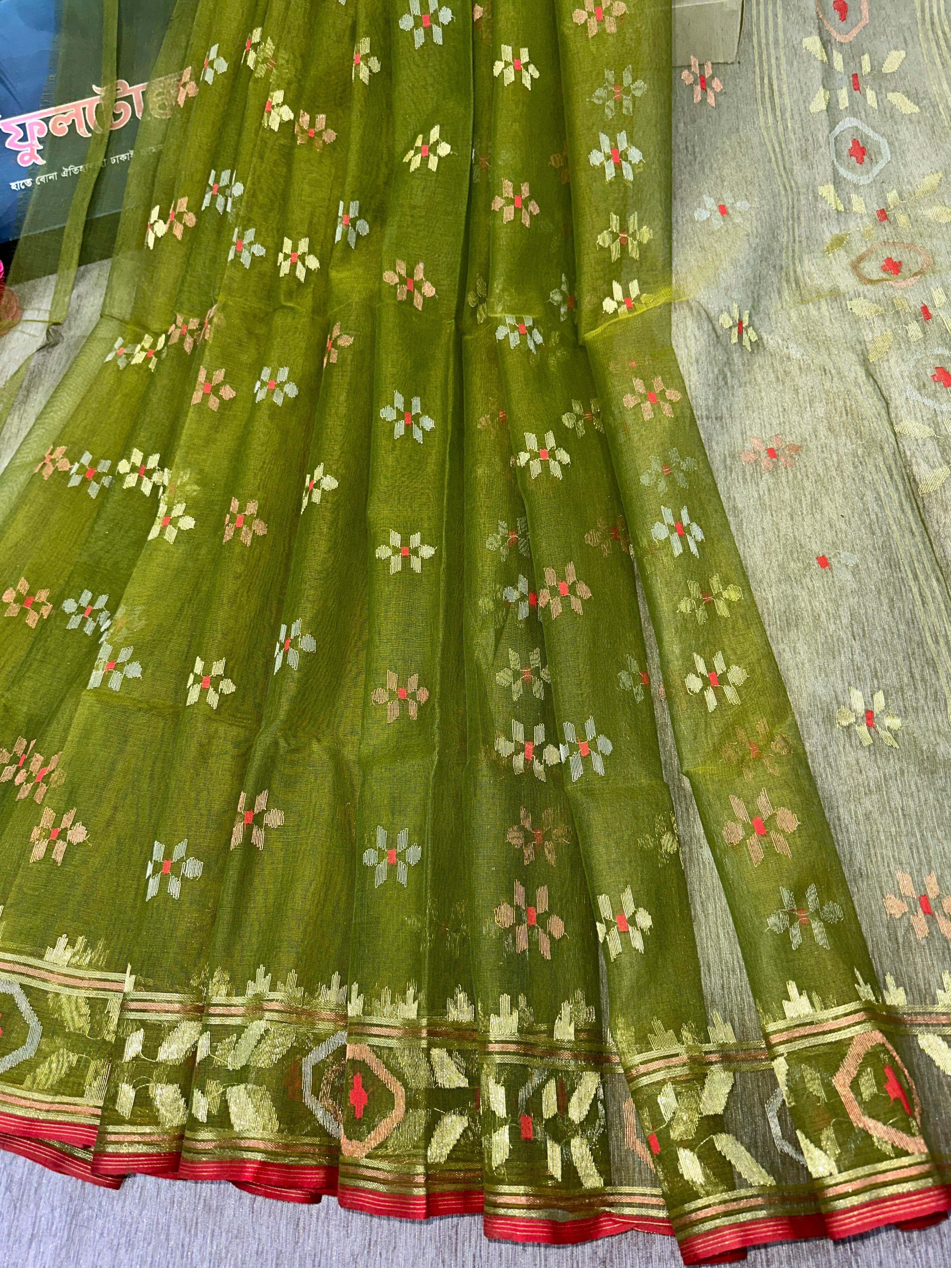 Olive green halfsilk handloom jamdani saree with golden silver & copper jori work