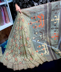 Dark olive halfsilk jamdani saree with orange off white coffe threads work