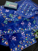 Royal blue jamdani saree with green pink blue orange threads work.