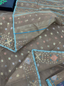 Dull Brown dhakai jamdani saree with golden silver & copper jori work all over work soft count
