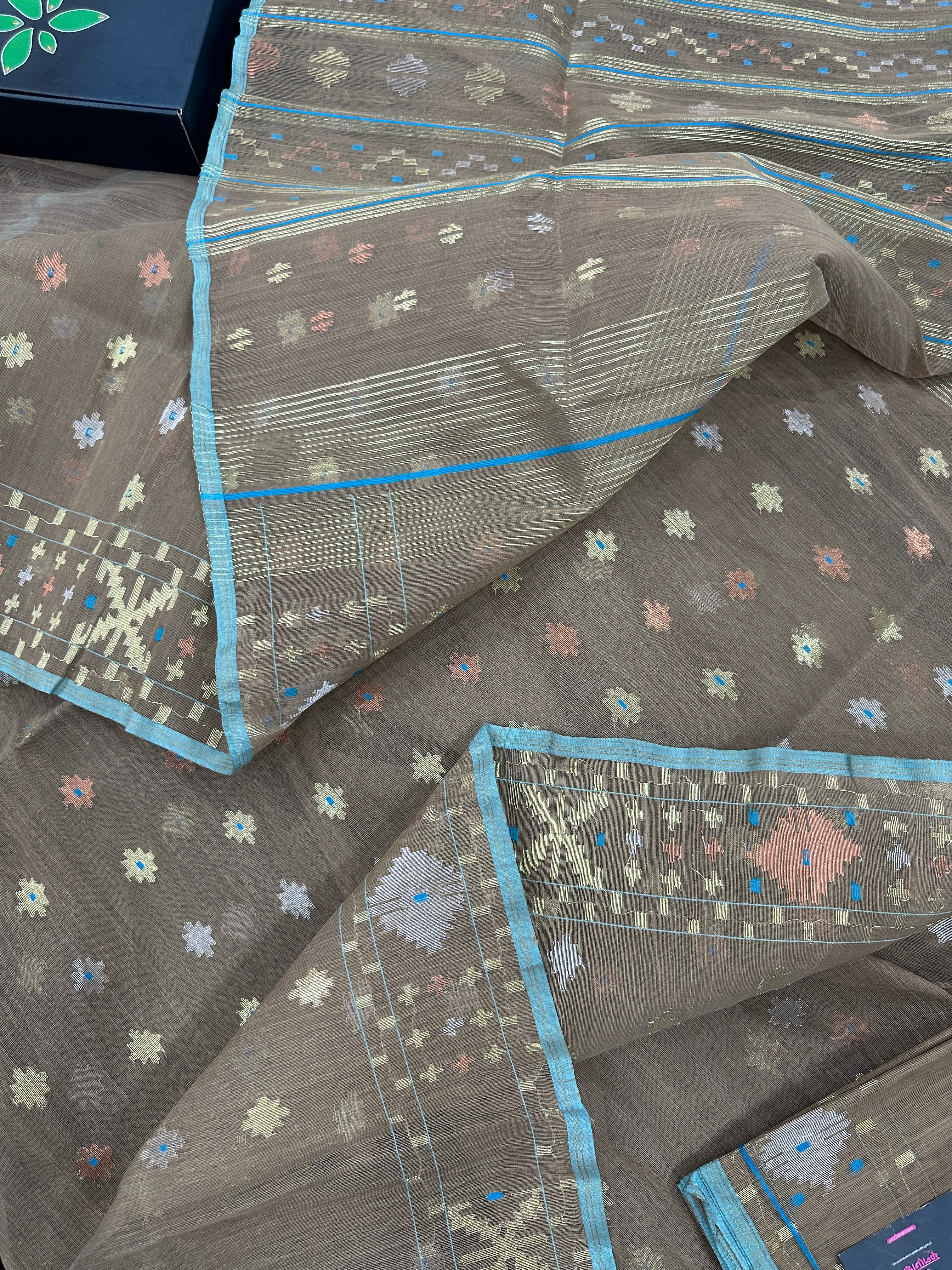 Dull Brown dhakai jamdani saree with golden silver & copper jori work all over work soft count