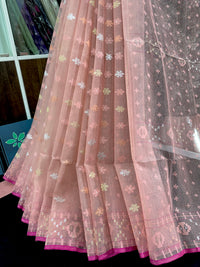 Peach colour halfsilk jamdani saree with golden silver jori work and self threads work