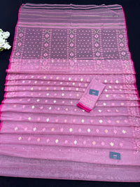 Pink colour handloom halfsilk original dhakai jamdani saree with golde jori work & self threads work
