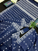 Deep blue jandani saree with white threads all over work.